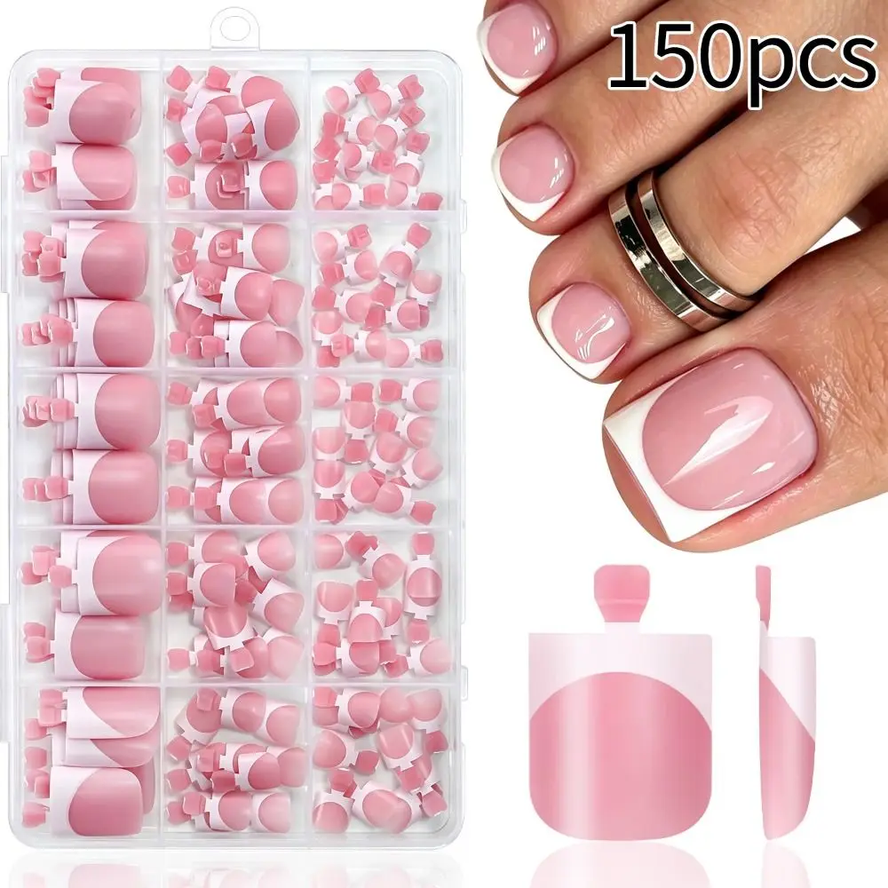 150pcs Short Square False Nails 15 Sizes Full Cover Short Tip Toenail Nude Pink White Edge Design False Toenails