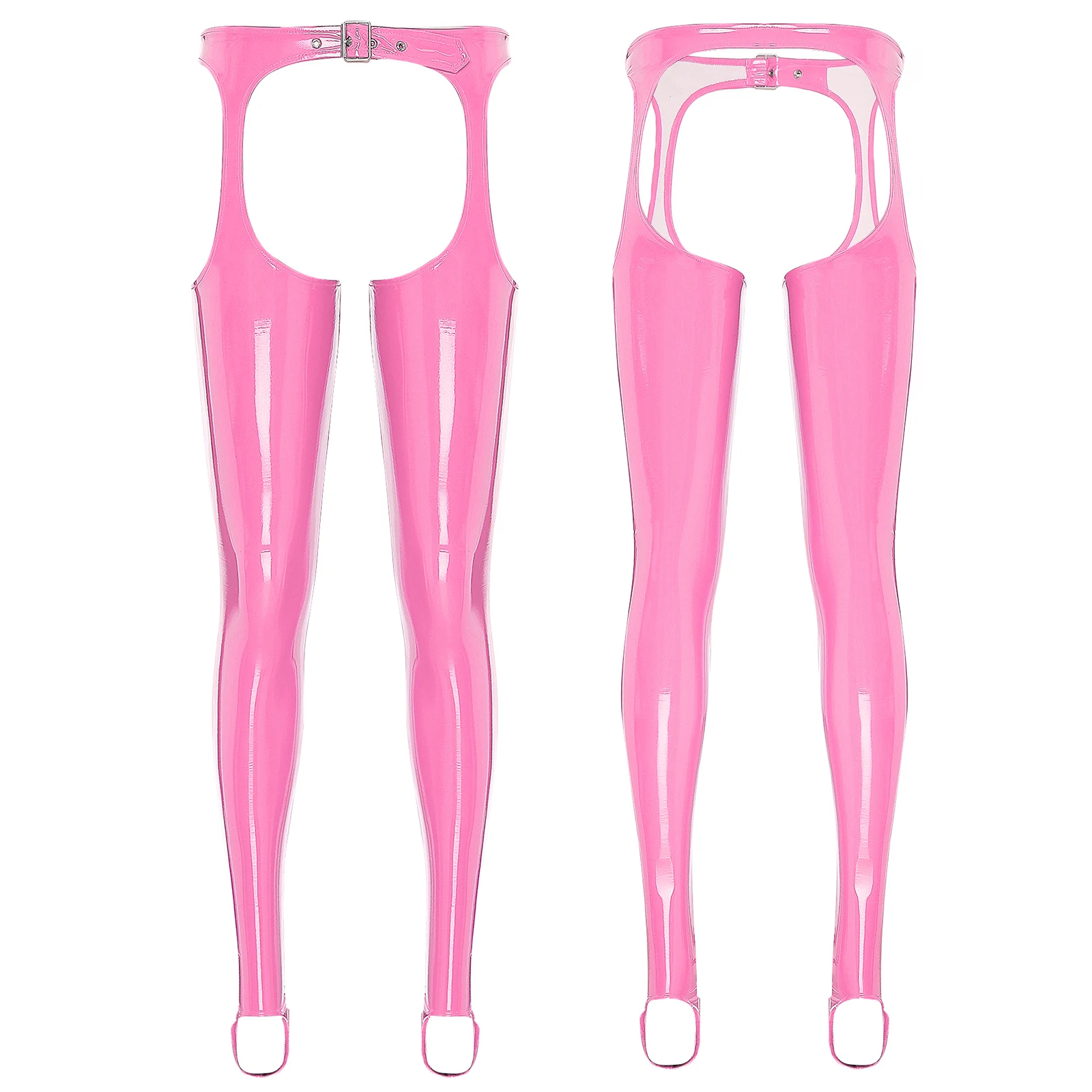 Women PVC Leather Chaps Stirrup Pants Buckle Waist Open Crotch Butt Thigh Cutout Skinny Suspender Leggings Pants Sexy Clubwear