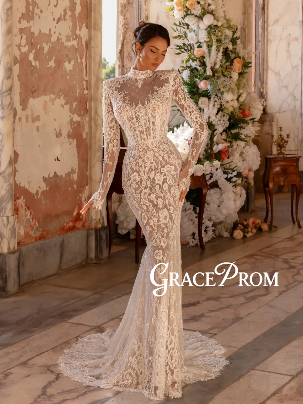 الوهم حورية البحر حالمة الدانتيل فستان الزفاف أزياء شير طويلة الأكمام عالية العنق حساسة بريق مخصص ثوب الزفاف