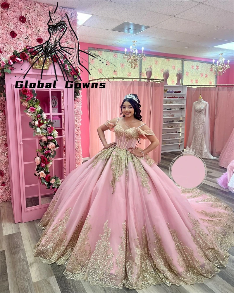 Mexico Pink Sweetheart Ball Gown Quinceanera Dress For Girls Beaded Appliques Birthday Party Gowns Prom Dresses Tiered Robe De