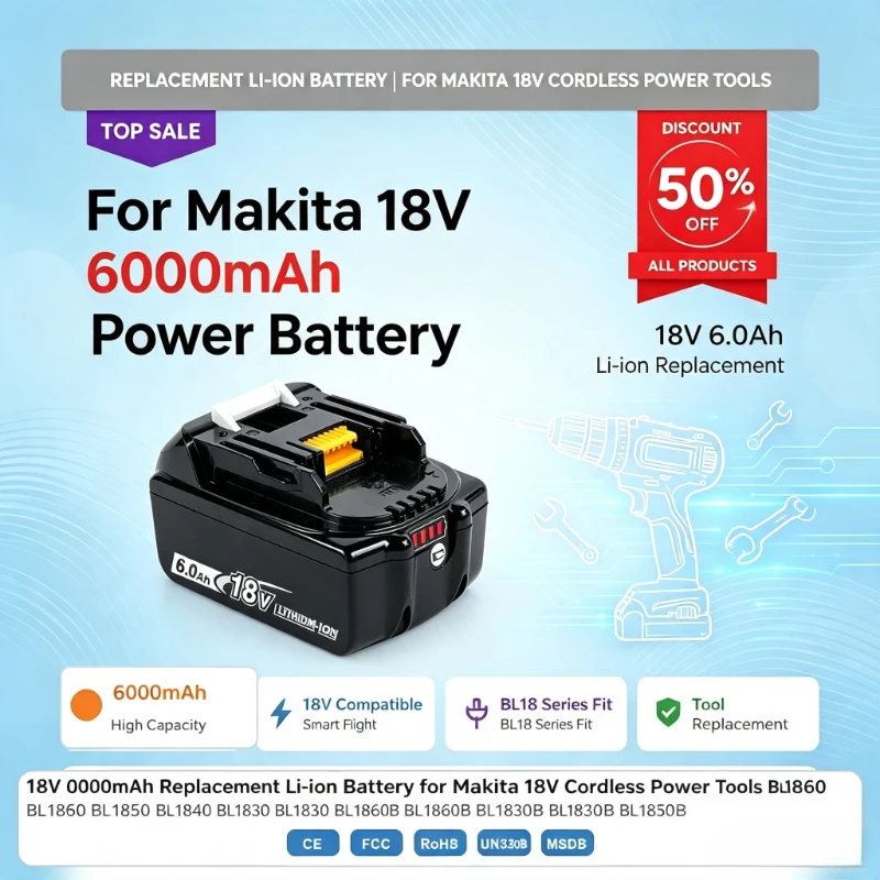 18V 6000mAh Replacement Li-ion Battery for Makita 18V Cordless Power Tools BL1860 BL 1850 BL 1840 BL1830 BL1860B BL1830B BL1850B