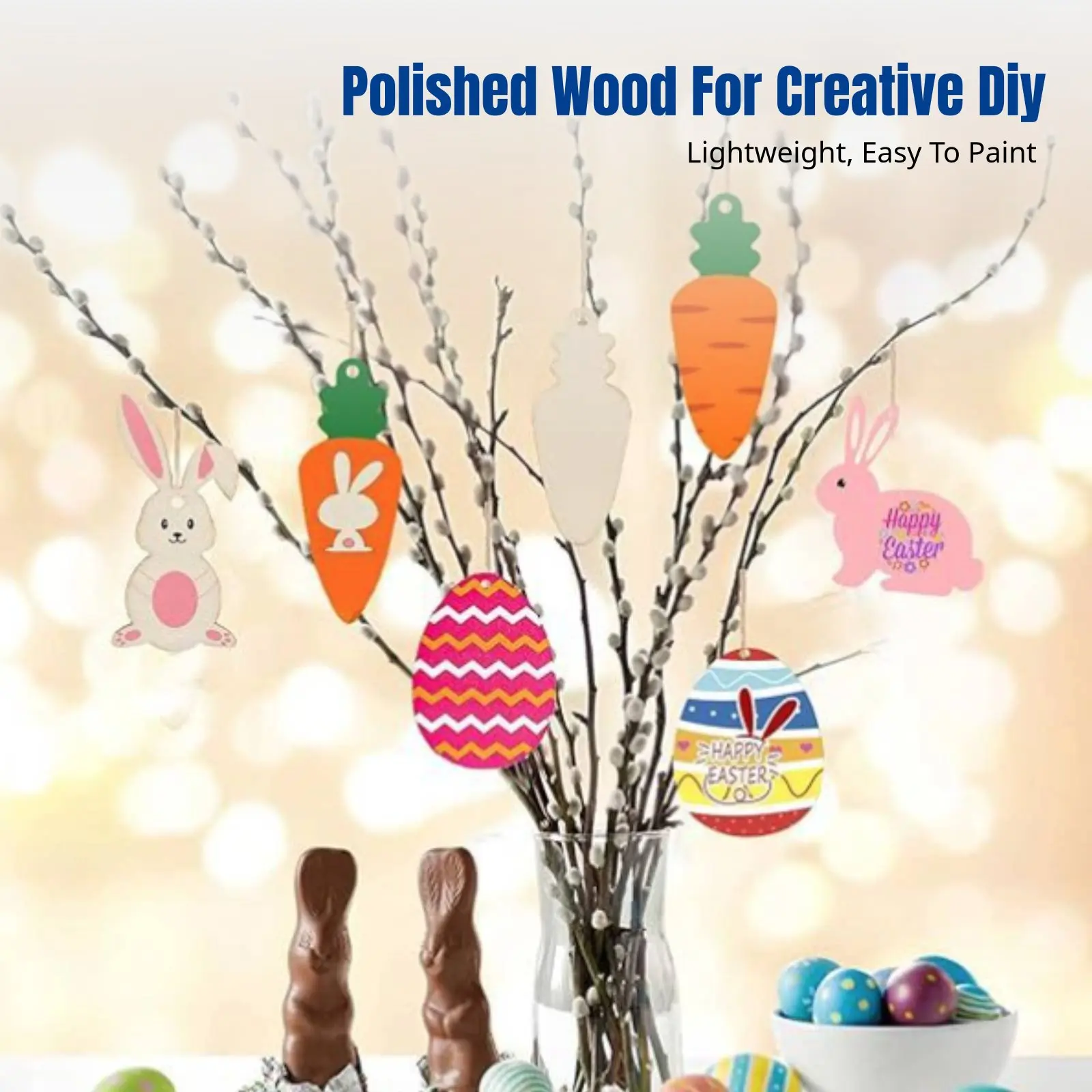 

Easter Wooden Hanging Ornaments, Painted Wood Set, Bunny Oval Carrot Tags, DIY Party Decorations