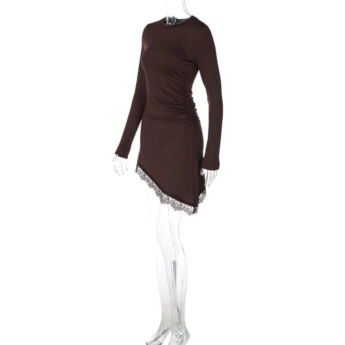 Hugcitar Damenmode Langarm Einfarbiges Patchwork-Spitzenkleid Sexy Unregelmäßiges Minikleid Herbstkleidung Streetwear Party Urlaub – Detail 3