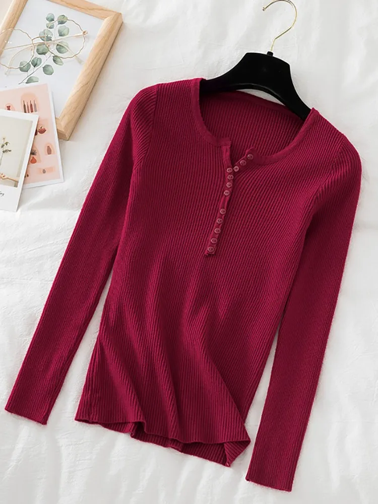 2024 Autumn Winter Button V Neck Sweater Women Basic Slim Pullover Women Sweaters And Pullovers Knit Jumper Soft Warm Tops