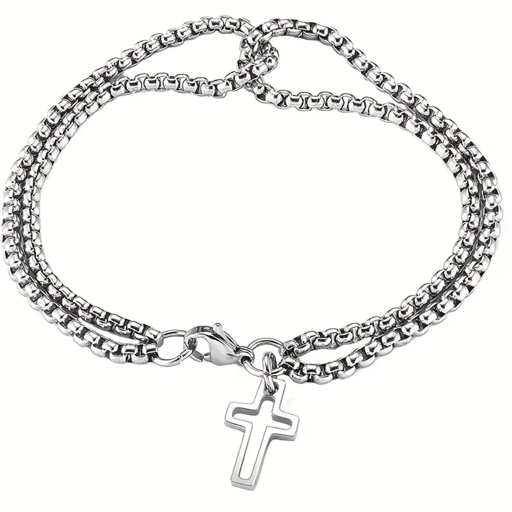 Stainless Steel Make A Statement with This Stylish Man Women's Cross Hollow Double Chain Bracelet