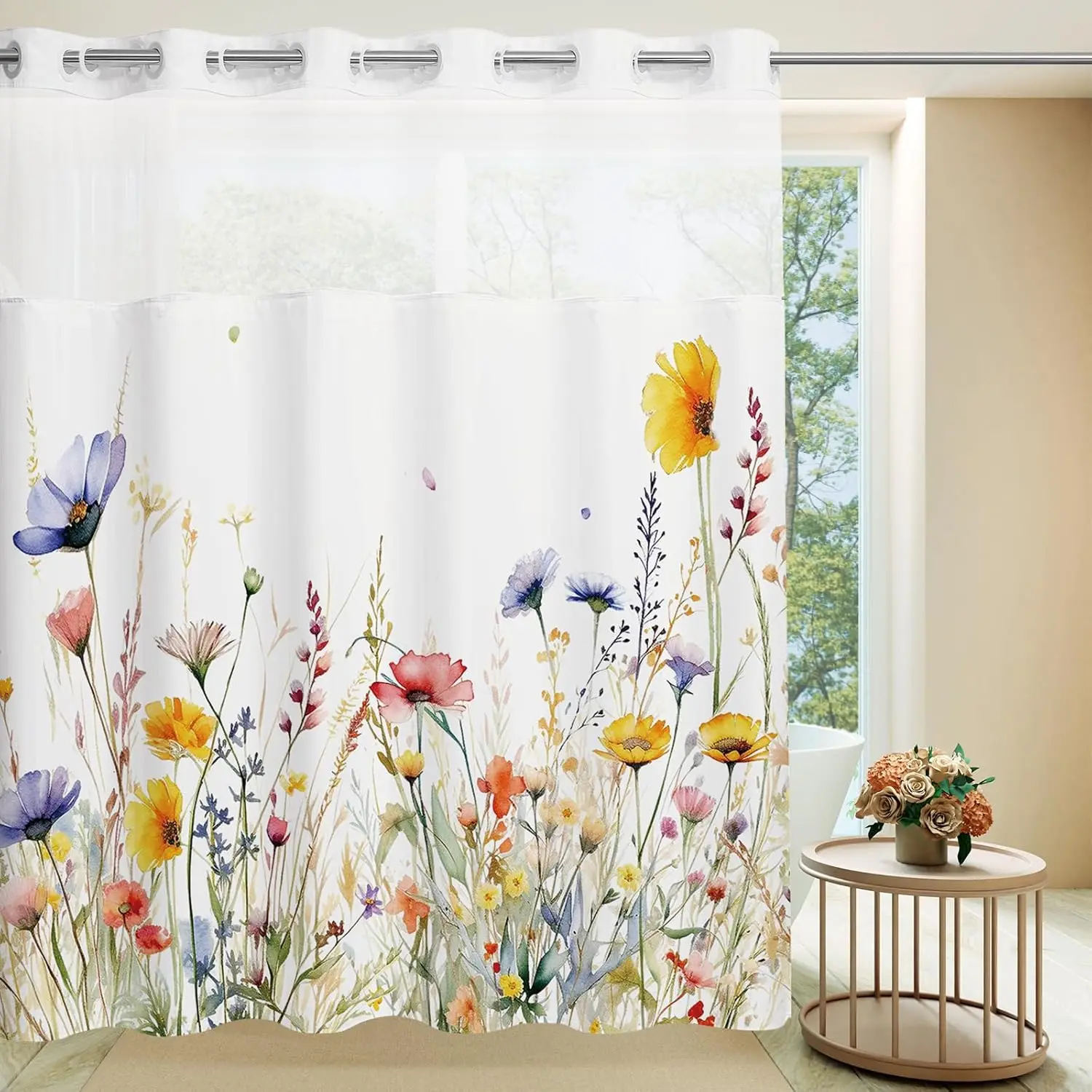 

Wildflower No Hook Shower Curtain with Snap in Liner, Spring Watercolor Floral Plant Shower Curtain,See Through Mesh Top