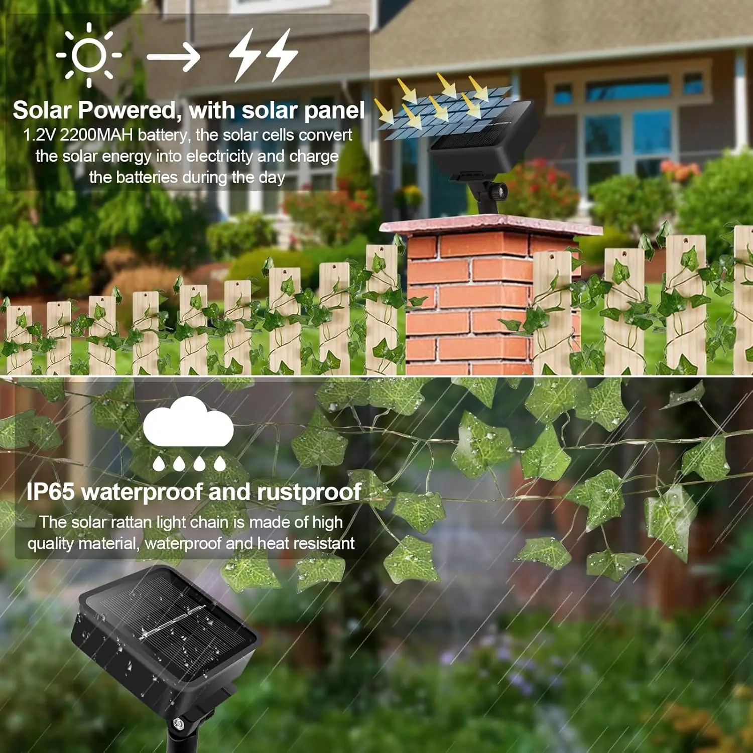 Solar LED String Lights, Artificial Ivy Leaf Lamp Fake Vine Garland 8 Modes Waterproof Maple Leaves Solar Powered Patio