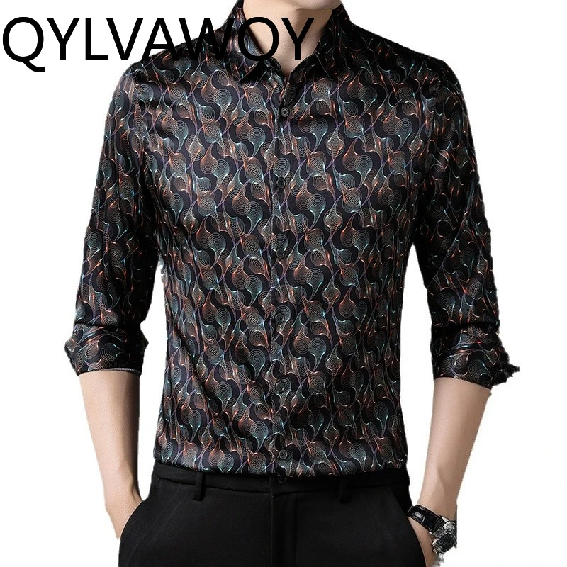 

QYLVAWOY 93%Mulberry Silk Men's Shirts Long Sleeves Tops Spring Autumn Printed Shirts for Man High-end Man Shirt Business Casual