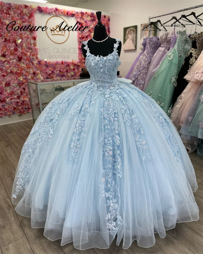 2024 Himmelblaue Prinzessin Quinceanera-Kleider, schulterfrei, Spitzenapplikationen, Korsett-Up, Ballkleid, süßer 16. Geburtstag, individuell gestaltet