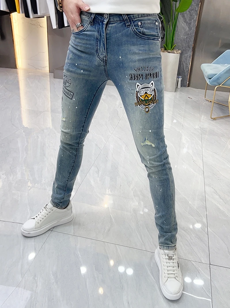 

Spring Summer New Men's Jeans Trendy Embroidered Washed Slim Fit Hole Pants Youth Casual Fashion mid Waist Long Thin Leg Jeans