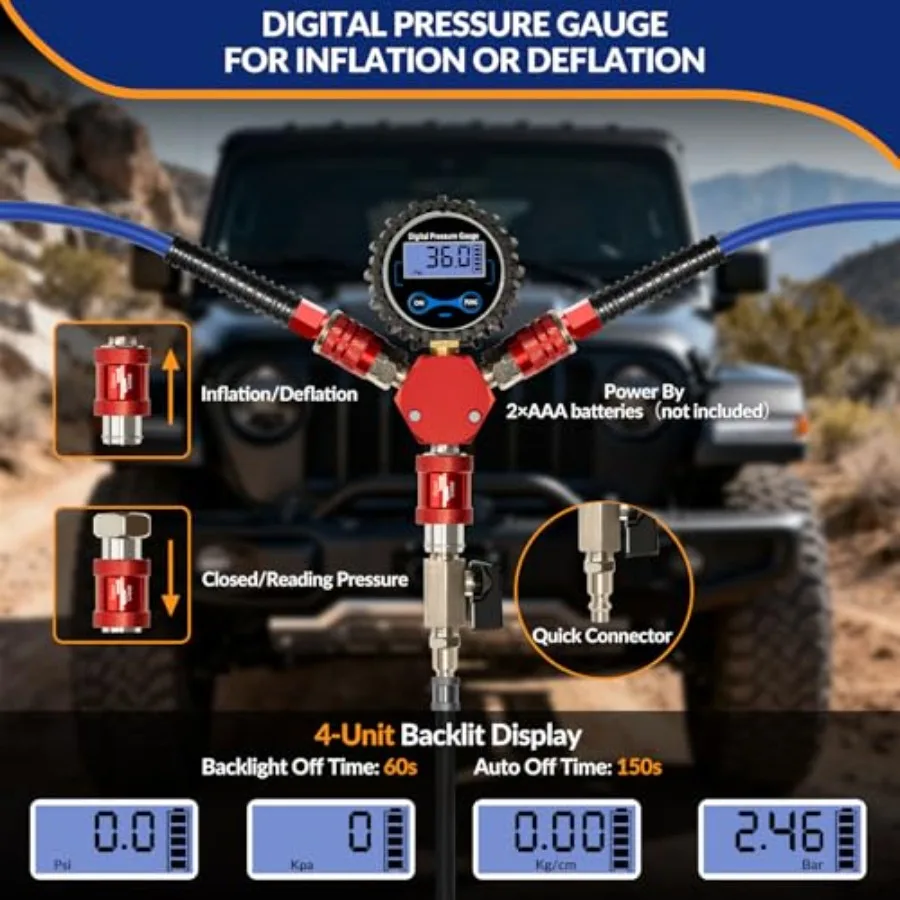 4 Way Tire Inflator 4 Tire Inflation Deflation System with Precision Gauge for Off-Road Vehicles Air Up Down Kit Compati