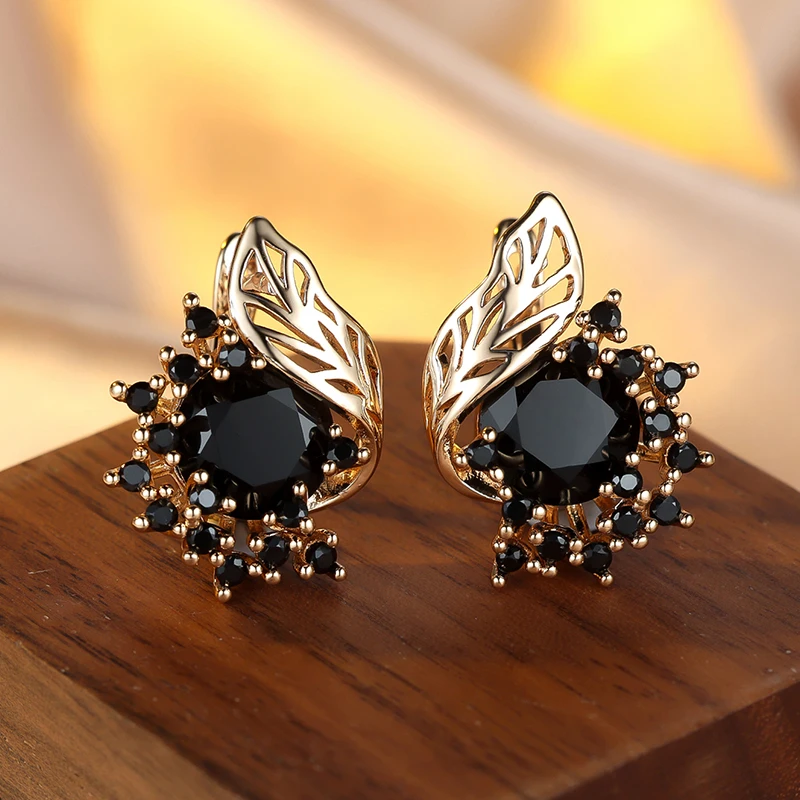 Gothic Black Flower Clip Earrings for Women Girls 14K Gold Plated Cubic Zironia Small Hoop Earrings Anniversary Jewelry Gift