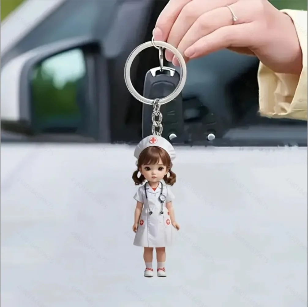 Acrylic 2D Flat Doctor Keychain for Women Men Nurse Bag Pendant Car Key Chains Pendant Student Couple Friend Gift