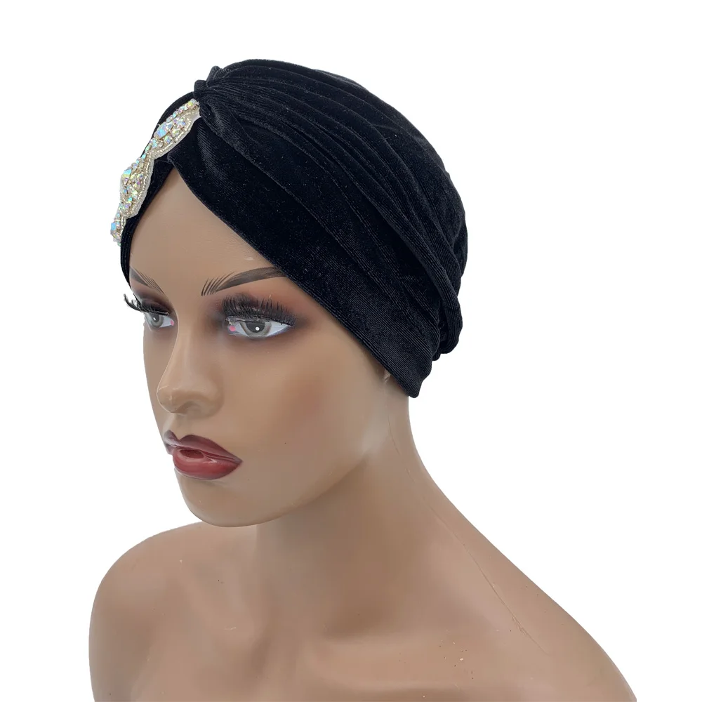 Lady Head Wraps Muslim Headscarf Bonnet Cancer Chemo Hat Turbante Mujer Velvet Pleated Turban Cap for Women Shiny Rhinestone