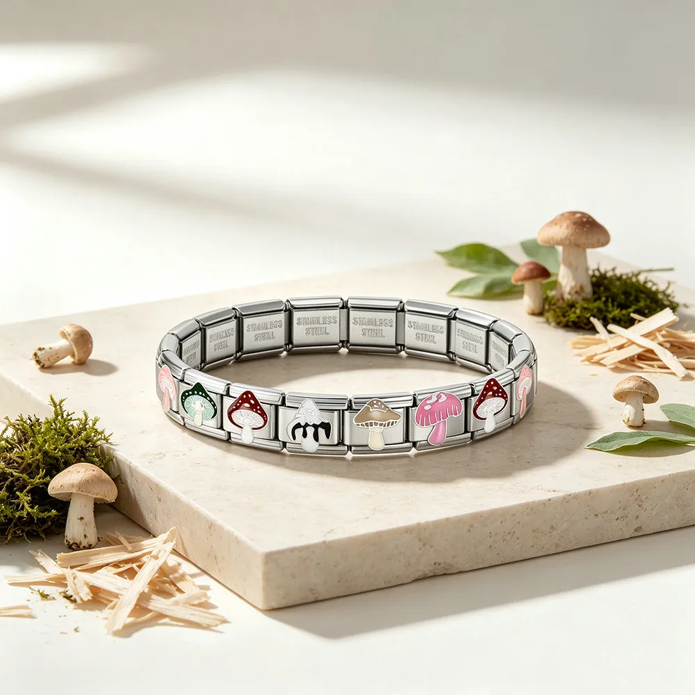 9mm Italienische Armband-Charms in Großpackung, Bunte Pilz-Edelstahlperlen für Damen-Schmuckzubehör, DIY-Bastelzubehör, Trendig – Detail 2