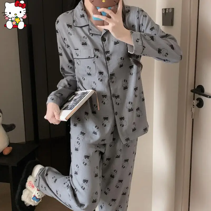 Hot Anime Hello Kitty Damen-Pyjama, neues Cartoon-Bild, Kawaii, süßer Stil, Komfort, verdickt, warm, Heimkleidung, Teenager zu Hause