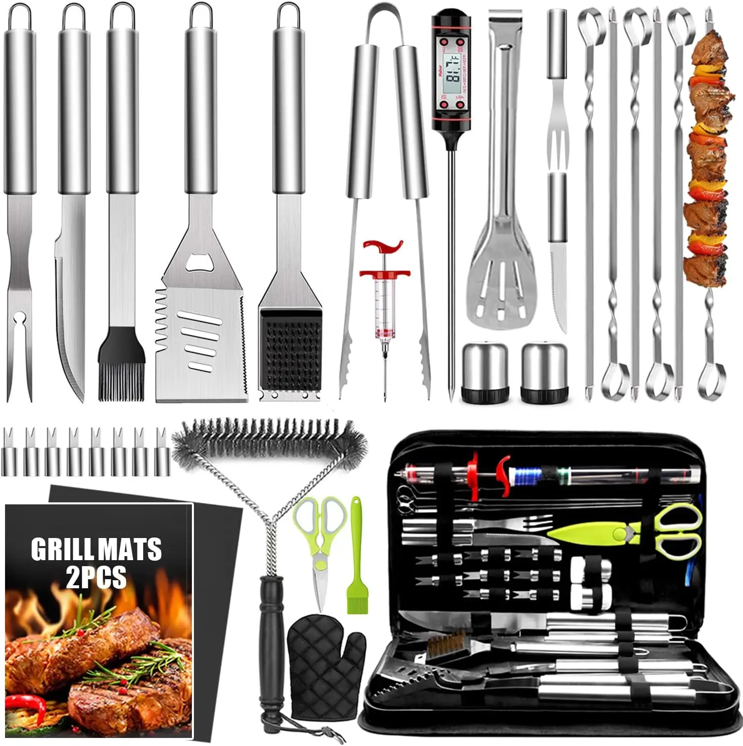 

34Pcs Heavy Duty Stainless Steel BBQ Tools Set with Thermometer and Grill Mats for Backyard Grilling