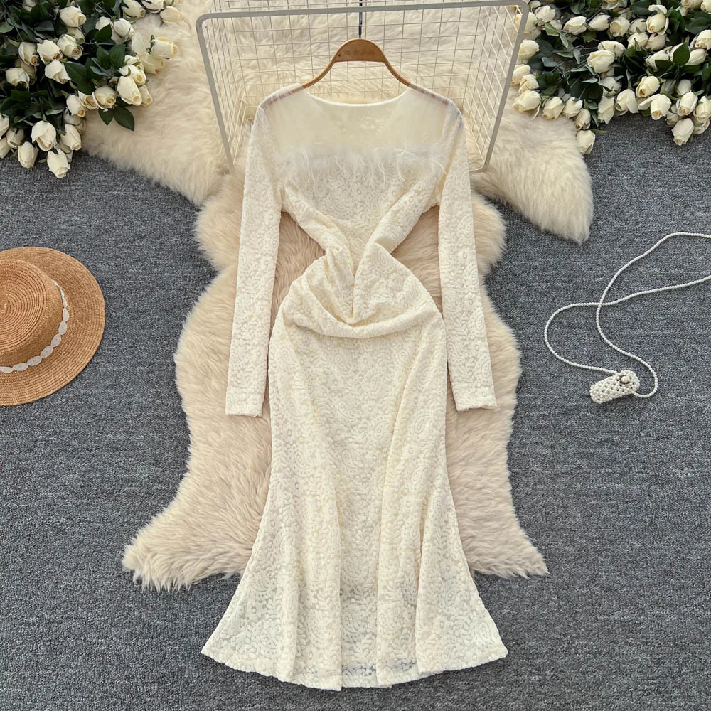 

Шикарное сексуальное элегантное облегающее сетчатое платье трапециевидной формы с длинными рукавами, осеннее платье феи, женская одежда