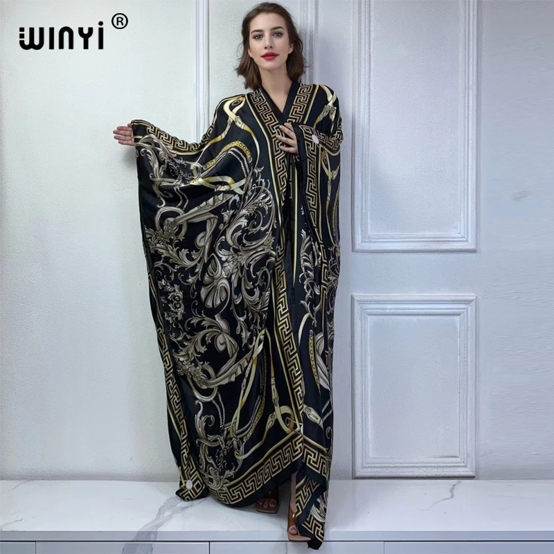 WINYI 2024 nowe afrykańskie damskie kimono boho sukienka z nadrukiem plażowe elegancki kardigan seksowne wakacyjne stroje plażowe dla kobiet