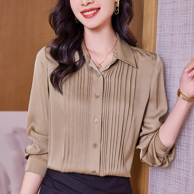 

New Real Silk Women's Shirt Spring Autumn Elegant Shirts Fashion Blouses for Women Long Sleeve Tops Office Lady Solid Blouse