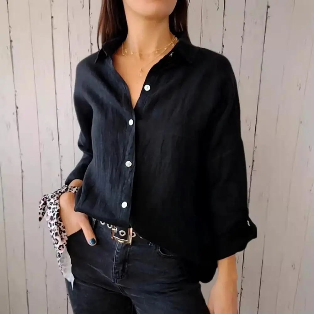 Women Shirt Elegant Lapel Long Sleeve Women's Shirt Solid Color Loose Fit Casual Office Lady Top Stylish Single for Women