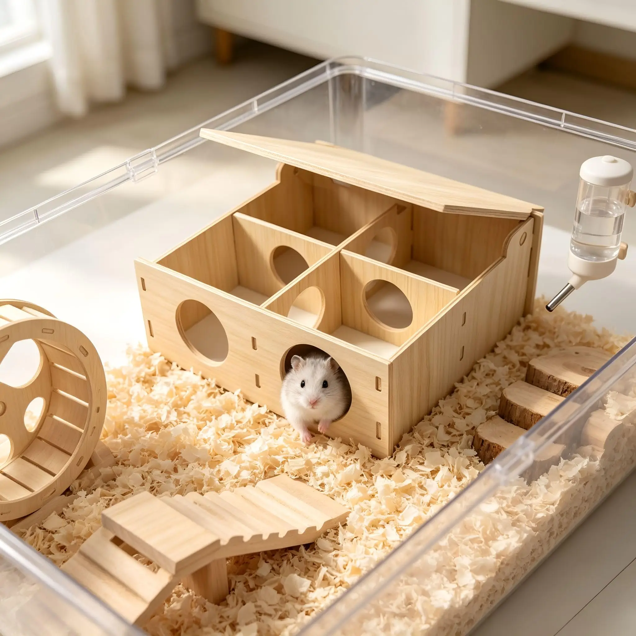 Natural Wood Cage Wooden Multi-chamber Hideout Tunnel with Ventilation for Small Pet Accessory Pet Supplies