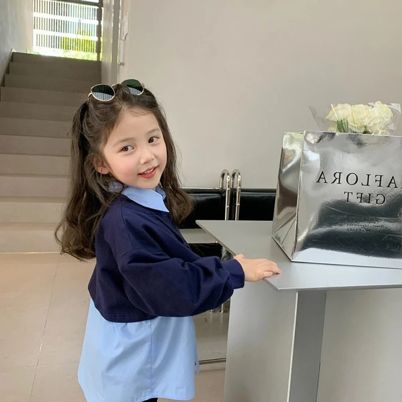 Shirts Girls Blouse Autumn Spring Long Sleeve Fake Two-piece Sweatshirt Children Clothes Girl School Shirt Korean Girls Clothing