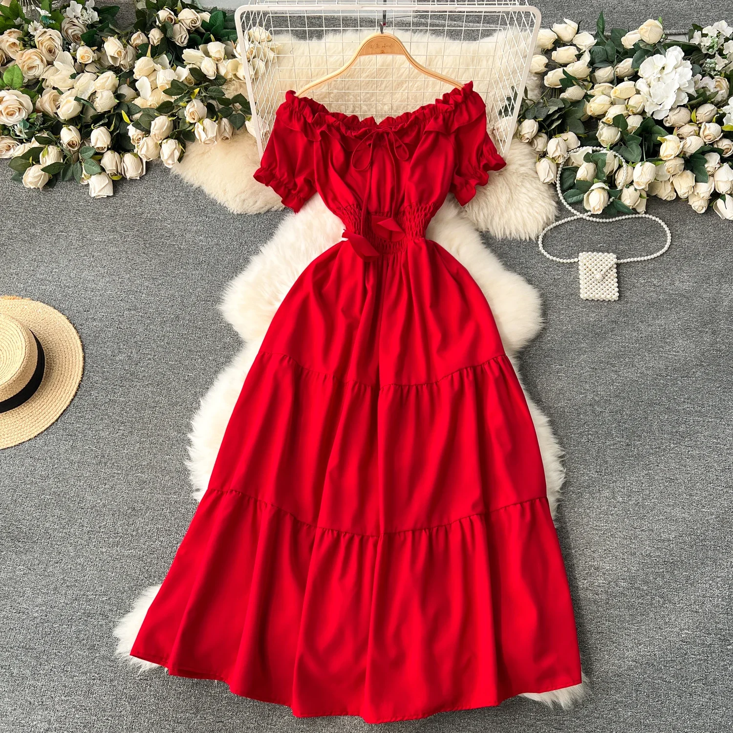 2024 New Summer Vacation Off Shoulders Slim Elastic Waist Long Dress Women Elegant Big Swing Maxi Beach Dress Party Robe Femme