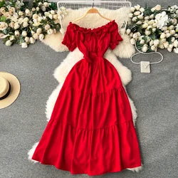 New Summer Vacation Off Shoulders Slim Elastic Waist Long Dress Women Elegant Big Swing Maxi Beach Dress Party Robe Femme