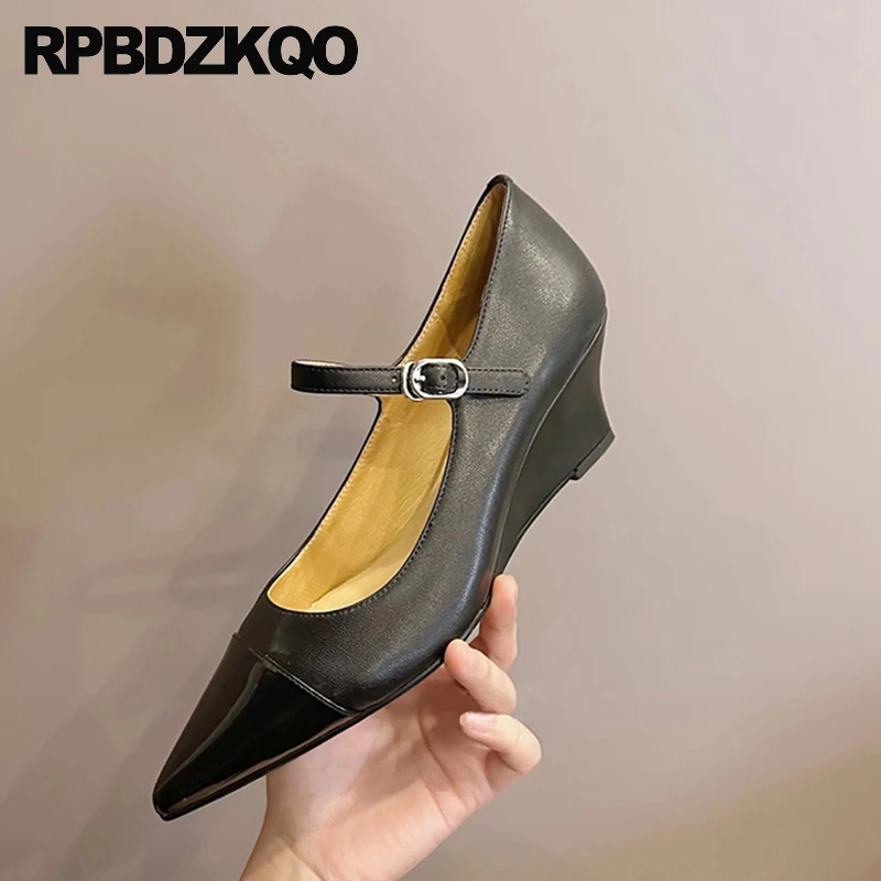 

Metallic 34 Patchwork Genuine Leather Shoes Wedges Multi Colored Pumps Strap Cowhide Medium Heel Mary Jane Women Pointed Toe