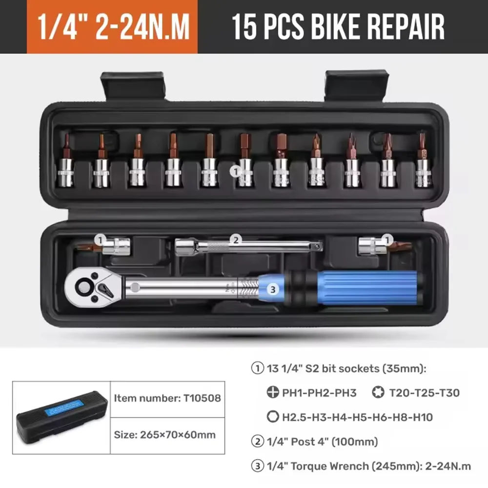 15/21-delige fiets momentsleutelset 1/4 inch aandrijving momentsleutel 2 tot 24 N.m auto motorfiets fiets reparatie gereedschapset