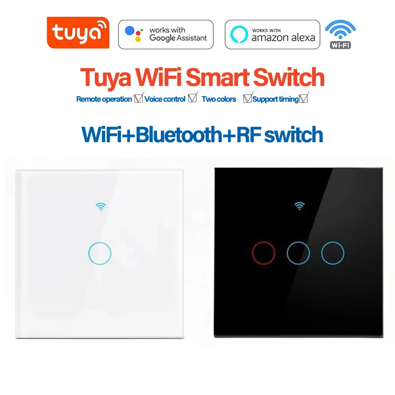 Tuya WiFi Smart Touch Wall Switch with RF433 Protocol Neutral/No-Neutral Option Tempered Glass Panel Voice APP & Remote Control