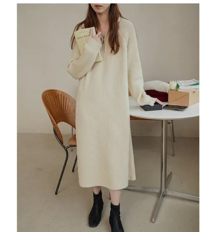 

Lapel Zipper Women's Sweater Knit Dress Loose and Lazy Style Autumn and Winter Medium Length Bottom Solid Color Casual Wear