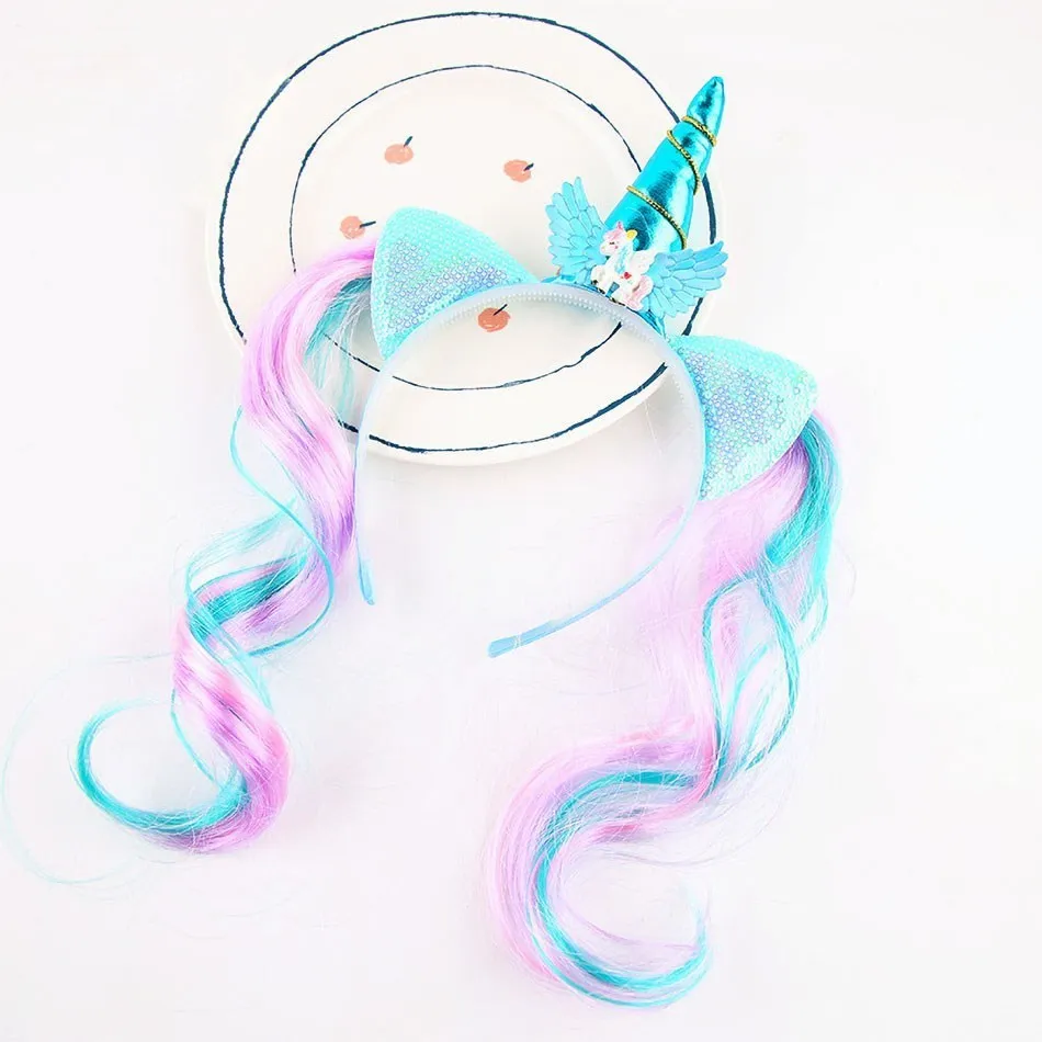 Children Unicorn Wig Headdress For Girl Fashion Colorful Ponytail Hair Ropes Accessories Kid New Birthday Party Mermaid Hairpins