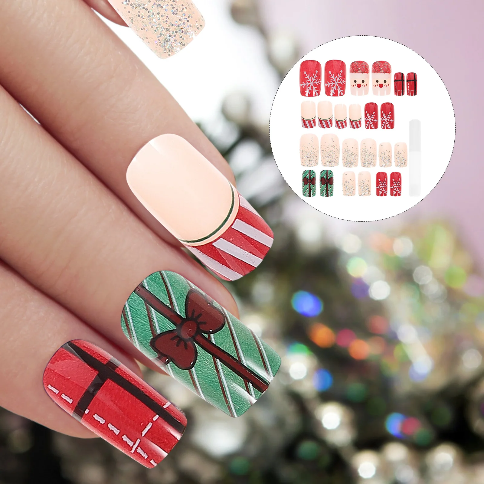 

24 Pcs Flowers Fake Nails Christmas Art Sticker Winter Decor Full Coverage Stickers for