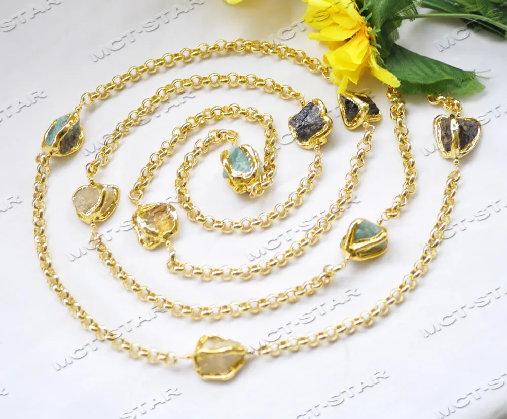 MTC·STAR  Z12659 56'' 20mm Baroque Amethyst Aquamarine Crystal Gold-Plated Chain Necklace