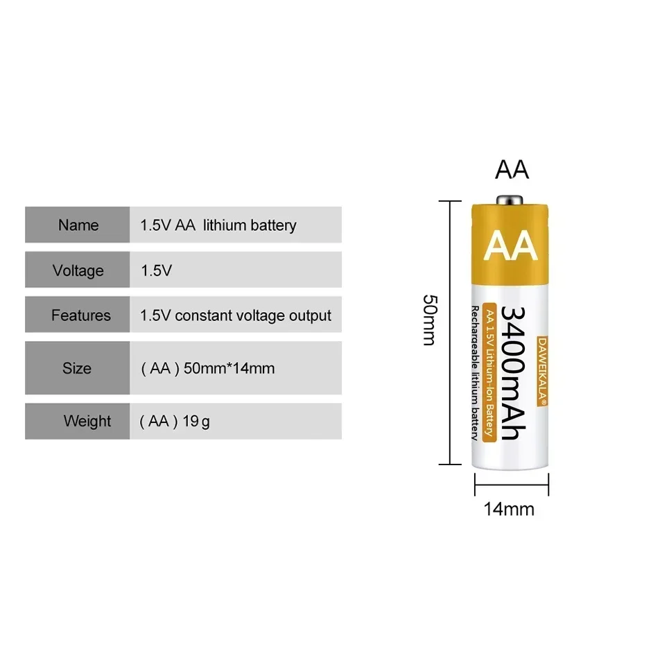 Batteria AA da 1,5 V Batteria ricaricabile agli ioni di litio AA Batteria agli ioni di litio AA da 3400 mAh per mouse con telecomando piccolo ventilatore Giocattolo elettrico