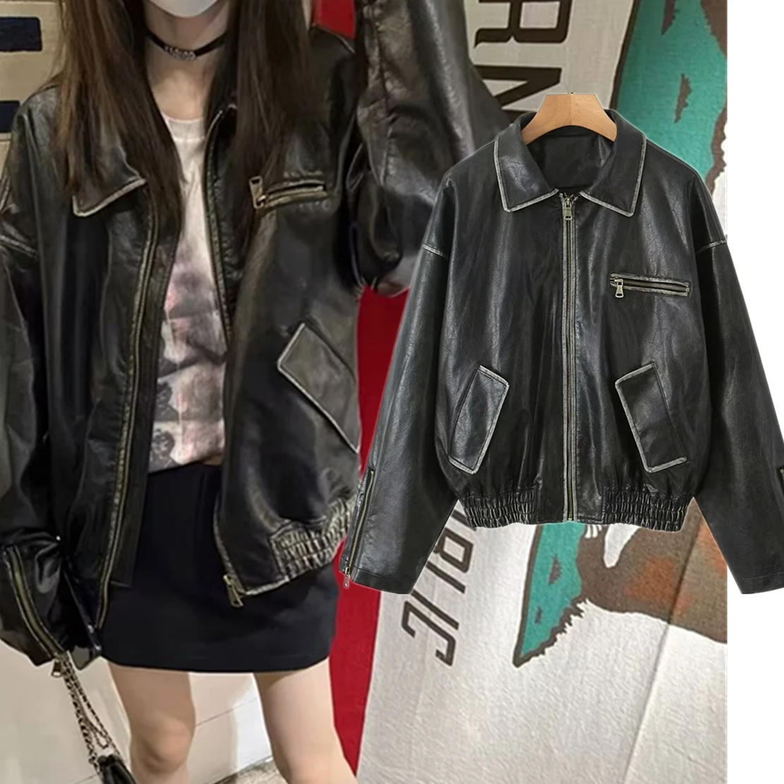 

Dave&Di American Retro Pilot Leather Jacket Coat Old Lapel Style Motorcycle Boyfriend Leather Jacket Coat Women