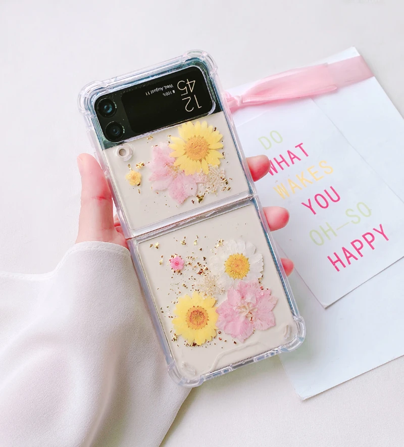 Z Flip 5 Case Glitter Daisy Real Flower Case For Samsung Galaxy Z Flip 4 5G Zflip 3 Luxury Dried Flowers Shockproof Clear Cover