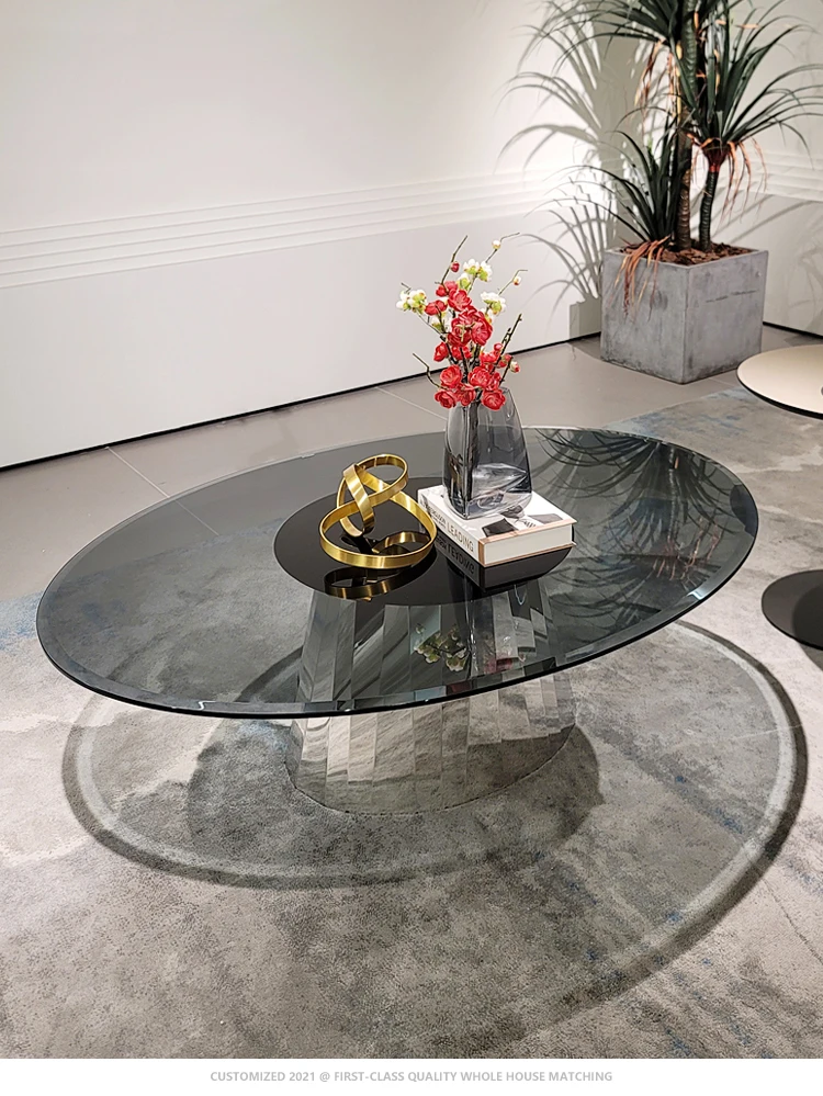 Oval stainless steel Italian minimalist light luxury modern living room fashion high sense tempered glass coffee table