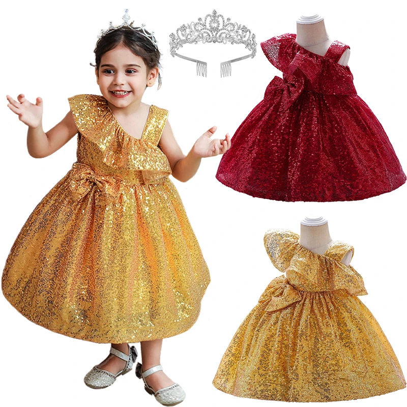 

Christmas Luxury Baby Girl Off-shoulder Shiny Sequined Dress Xmas Formal Occasion Toddler Gala Celebration Elegant Party Dresses