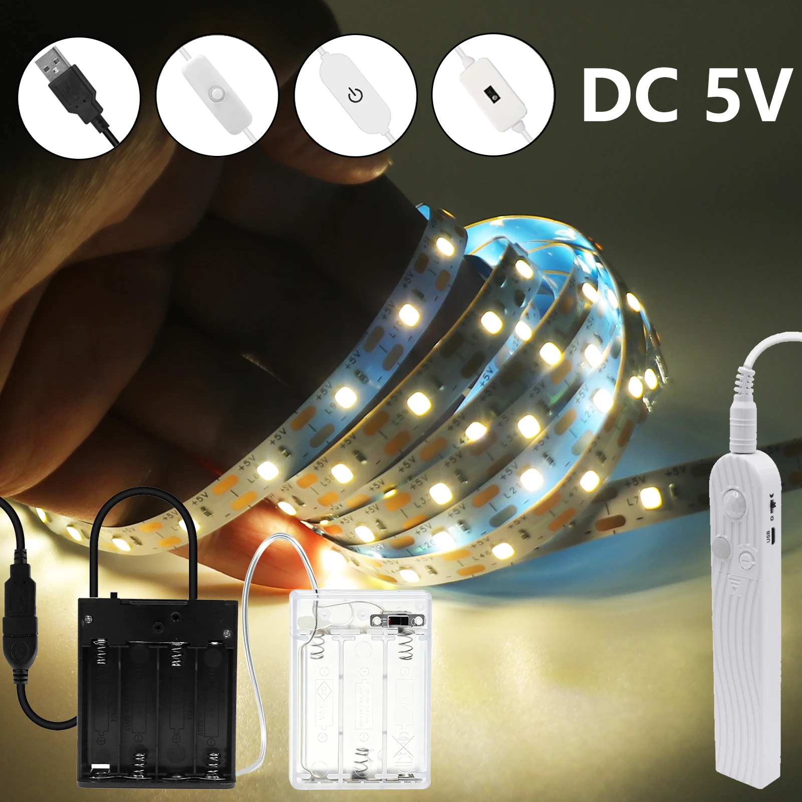 5V LED Strip Lights USB/Battery Powered Flexible Tape With Motion Sensor/Touch Dimmer/Hand Sweep Sensor/ON OFF Switch Home Decor