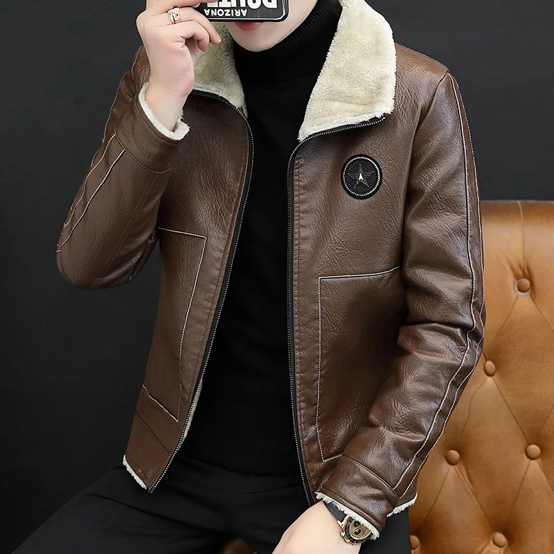 Mens Leather Jacket Coats Plus Velvet Thicken Keep Warm Korean Version Slim Fit Trend Leisure Fashion Comfortable Breathable