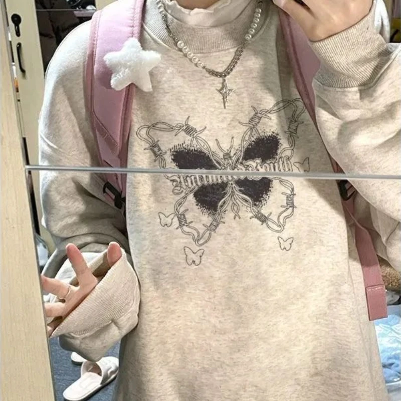 Sem chapéu hoodies feminino borboleta impressão streetwear mais veludo mais grosso baggy feminino manga longa all-match topos o pescoço quente macio