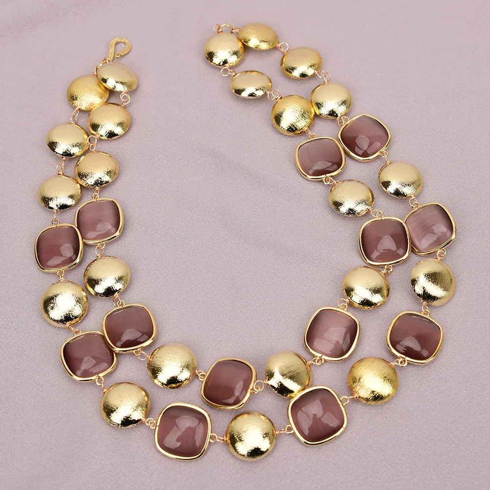 

G-G 2 Rows Natural Purple Cat eye Gems Connector Golden Coin Brushed Beads Necklace