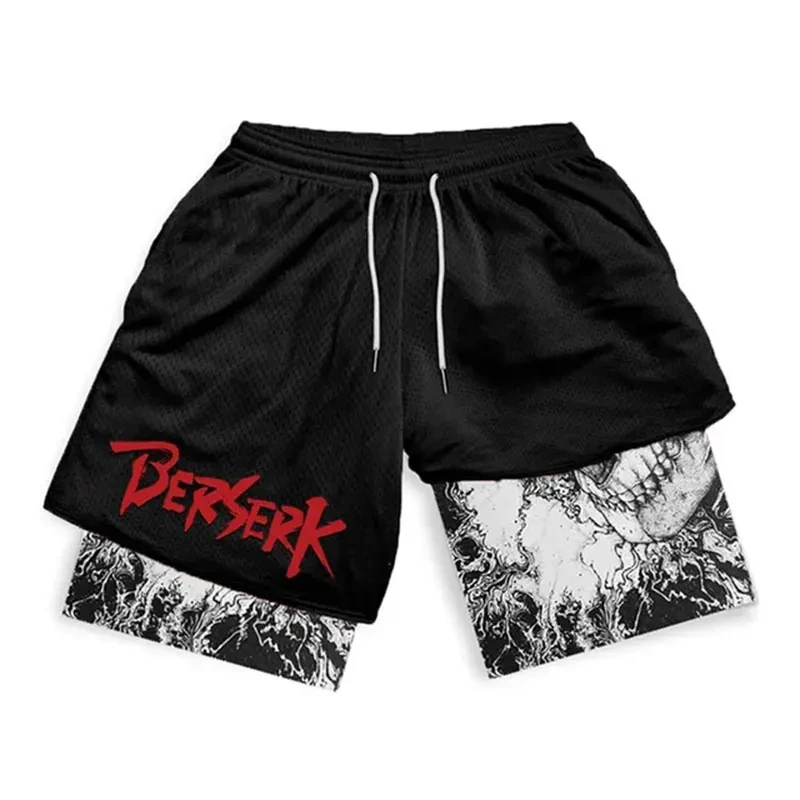 Berserk dos homens Anime Calções Esportivos, Shorts de Malha de Secagem Rápida, Manga Impressão 3D, 2-em-1, Desempenho Fitness, Verão