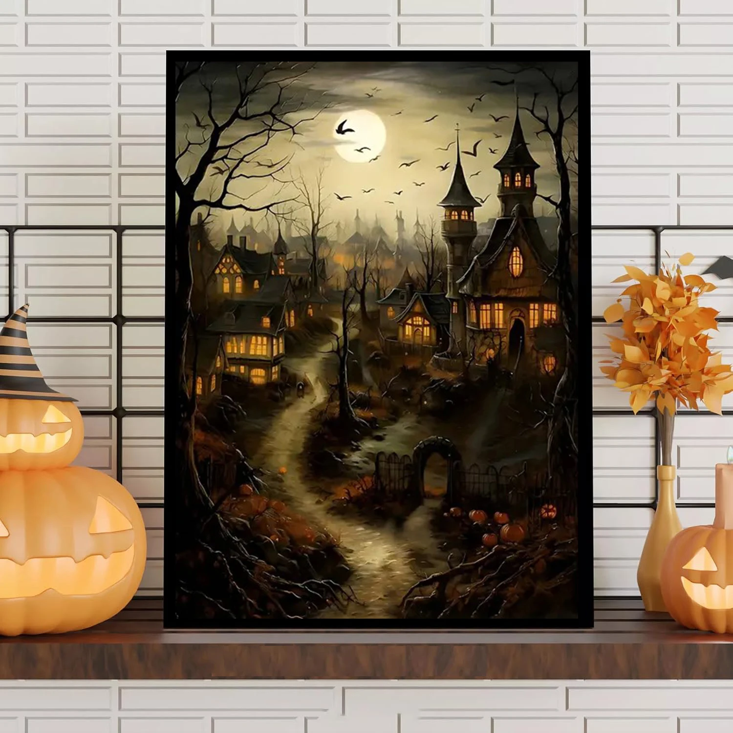 

Vintage Castle Landscape Poster Printing, Pumpkin Country Cottage Canvas Painting, Gothic Wall Art, Halloween Decoration