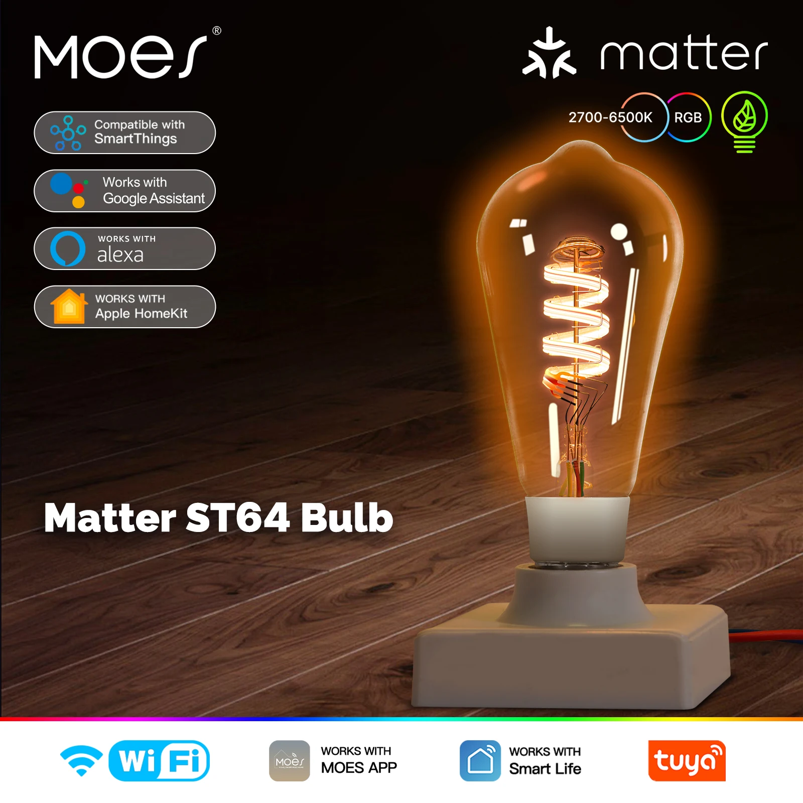 MOES Matter WiFi/Zigbee ST64 Smart Edison Bulb RGB CCT 2700‑6500K Dimmable Work with HomeKit Alexa Google Home