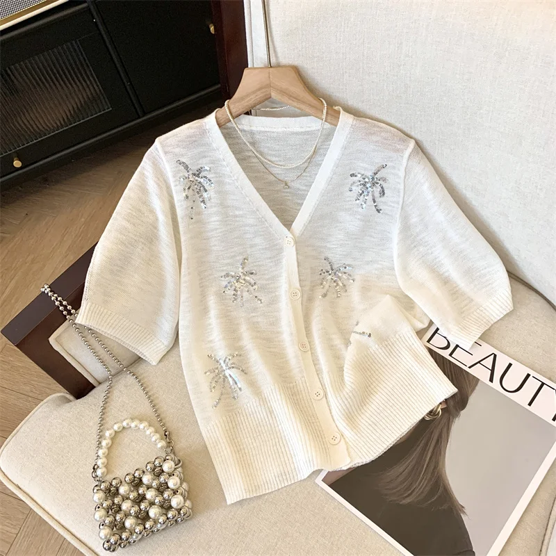 Sequins Stylish Elegant Cardigan Sweater Women Knit T-shirts Tees 2024 Summer Short Sleeve V-neck Solid Chic Ladies Knitwear Top