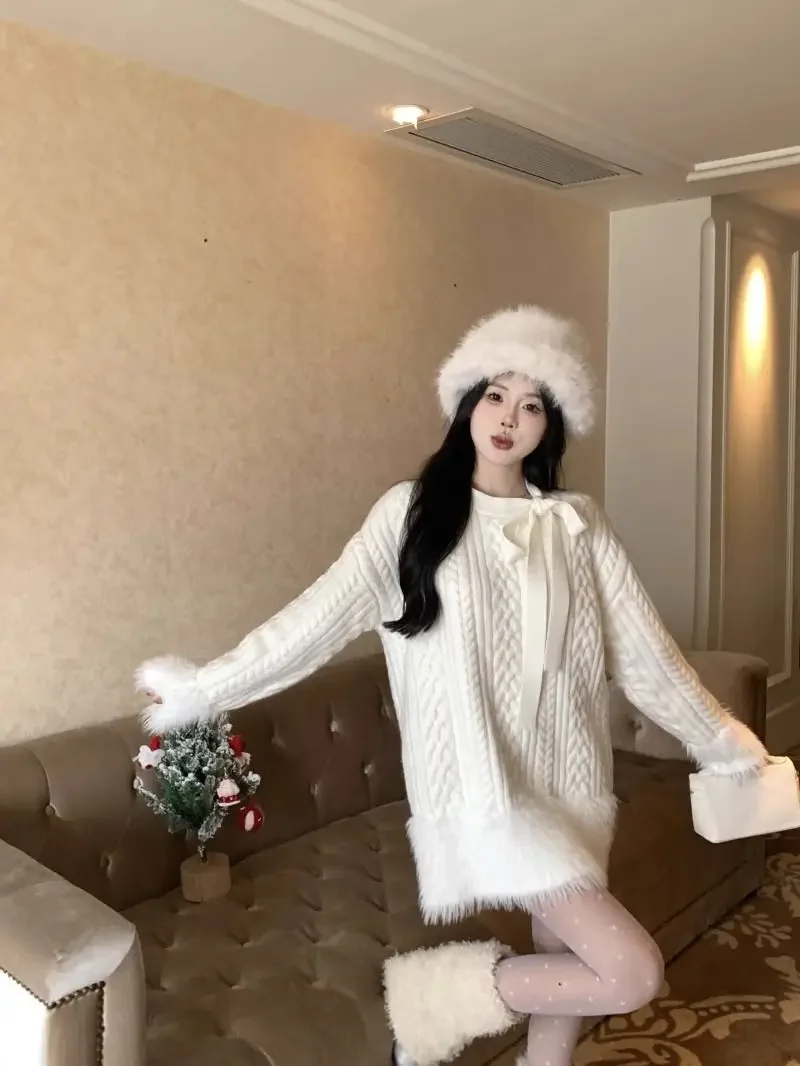 Gagaok Autumn Pull Femme 2024 Autumn Winter Round Neck White Mink Plush Fried Dough Twists Knitted Sweater Outwear Women Tops